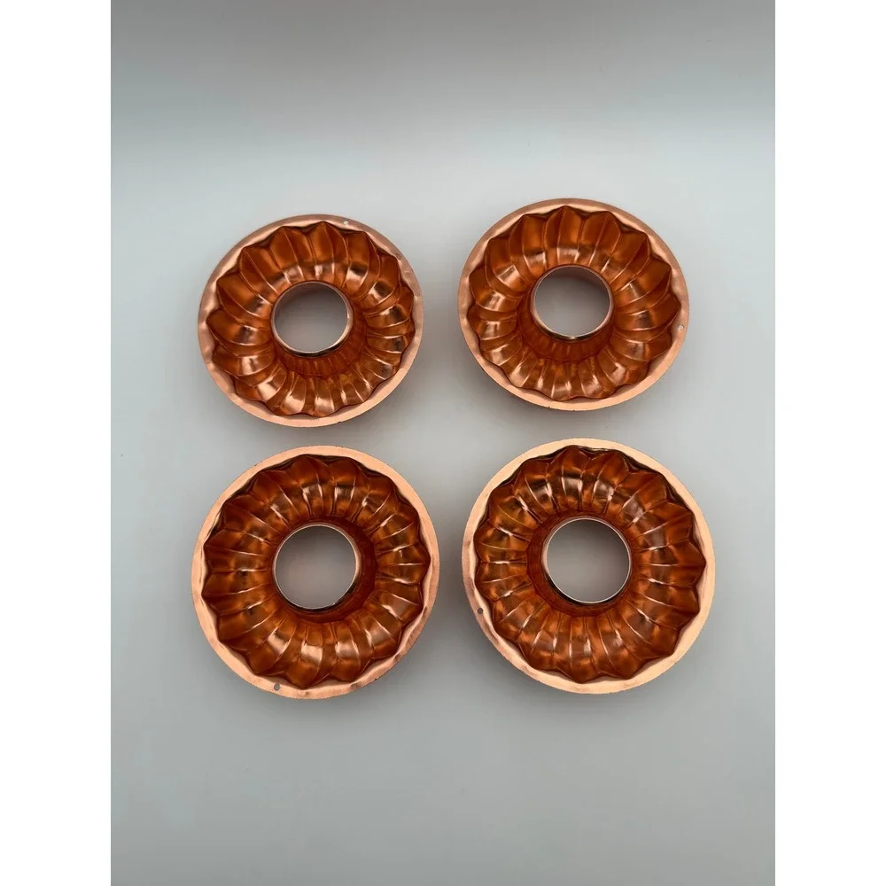 Vintage Copper Tone Mini Fluted Cake Molds Set of‎ 4 Ring Jello Tins 4 Inch